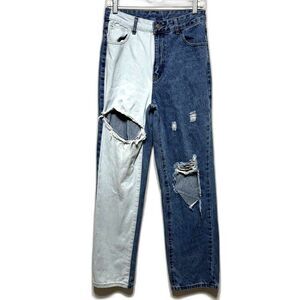 Jeans Straight Wide Leg Distressed High Rise 2 Tone Blue Wash Grunge Women sz 6